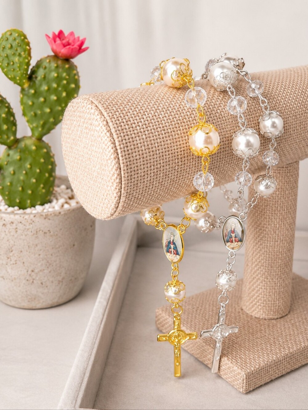 Women's 2pc Rosary Bracelet Set with  Beads & Cross Charms Gold & Silver